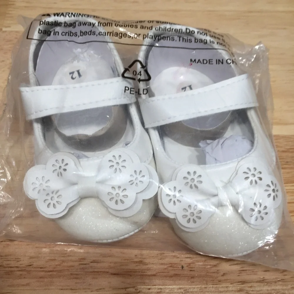 SABATUTU Infant Baby Girls White Glitter Mary Jane Bow Crib Shoes Size 12 Months